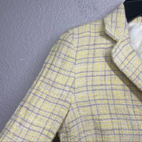 Theory Size 2 Tweed Blazer Jacket Yellow Plaid Cotton Single Breasted Pockets - Picture 2 of 8